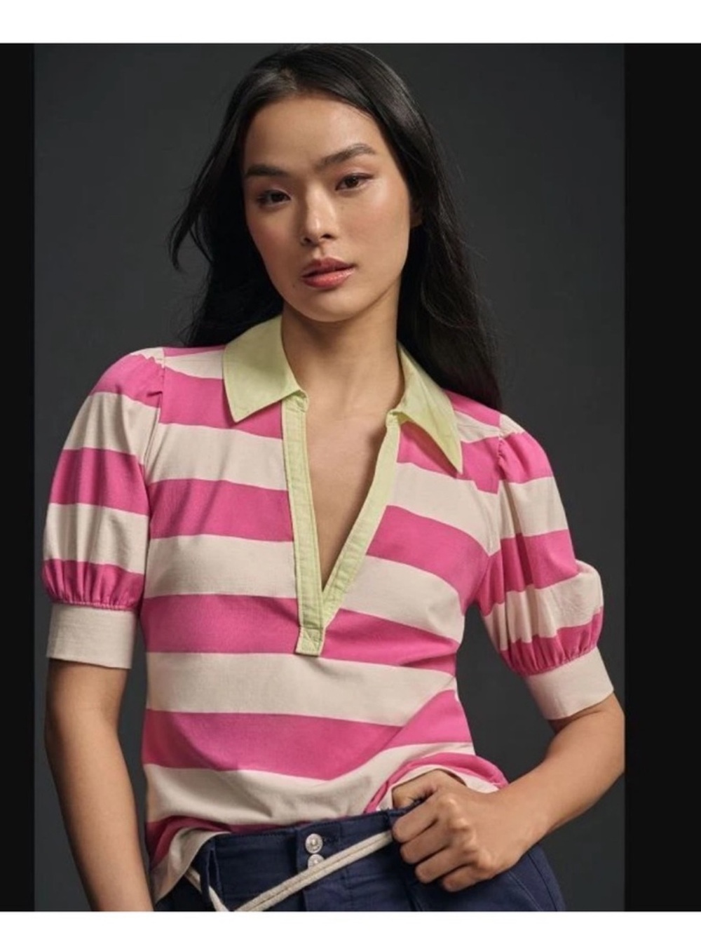 Maeve Pink and Cream Striped Puff-Sleeve Polo with Light Green Collar S